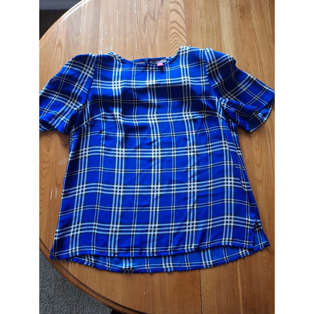 Vince Camuto Blue Plaid Short Sleeve Blouse Top Size S